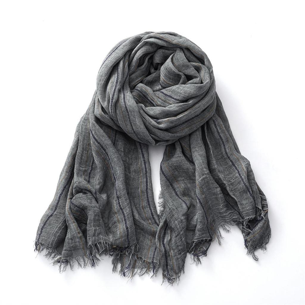 Sciarpa da uomo in cotone e lino tinta unita europea e americana - Autunno/Inverno Tie-Dye Giapponese Coreana Strisce Decorazione in Seta.