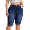 2026 Evropské Strečové Džínové Bermuda Šortky ve Velikostech Plus Size, Prané Modré, Středně Vysoký Pas, Smanšující Design Capri s Ohrnutými Nogami