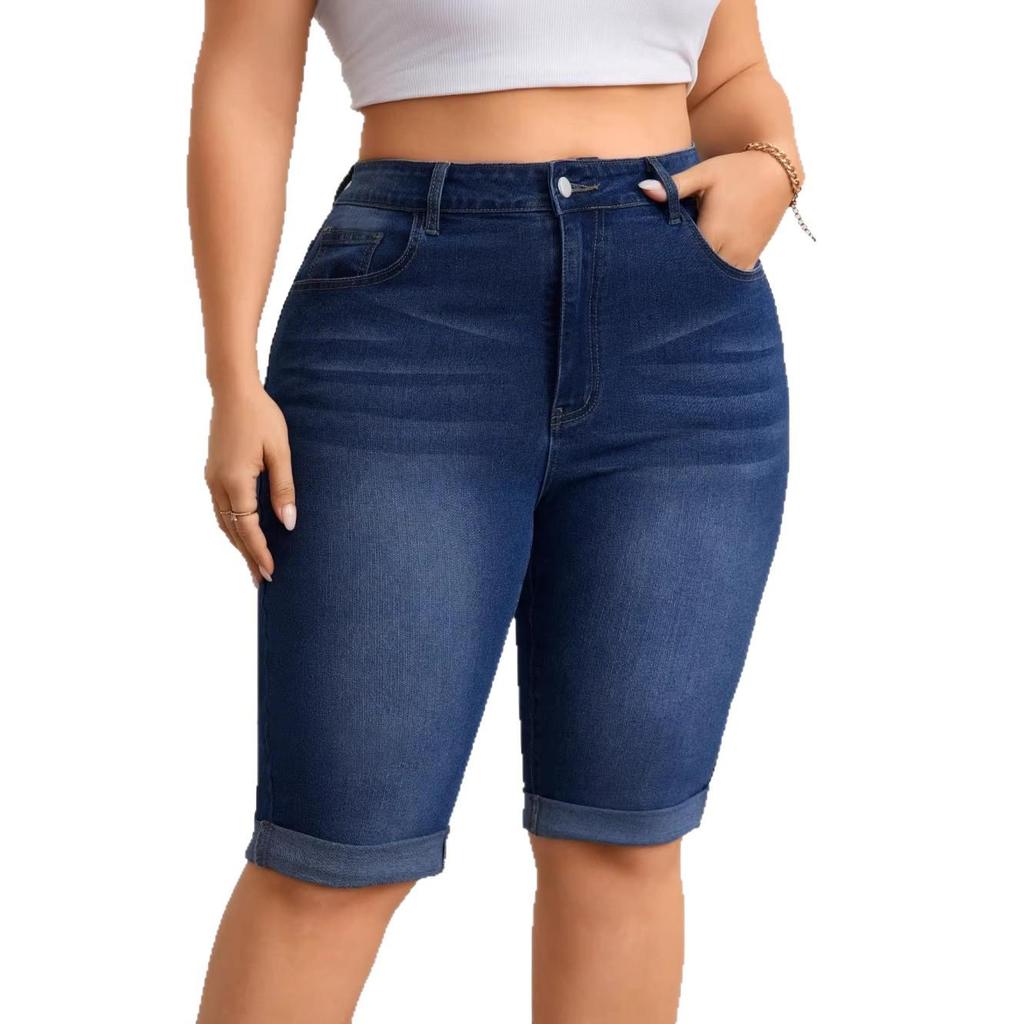 2026 Evropské Strečové Džínové Bermuda Šortky ve Velikostech Plus Size, Prané Modré, Středně Vysoký Pas, Smanšující Design Capri s Ohrnutými Nogami