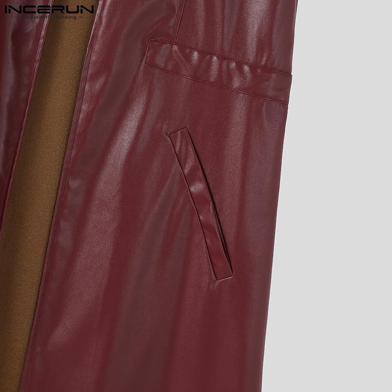 INCERUN Men Short Sleeve PU Open Front Faux Leather Long Cardigan Coats