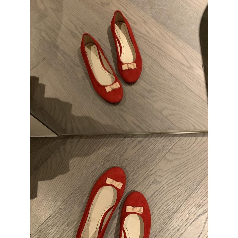 

Sheepskin version leather bow round head light mouth color matching flat ballet shoes women s commuter shoes 35