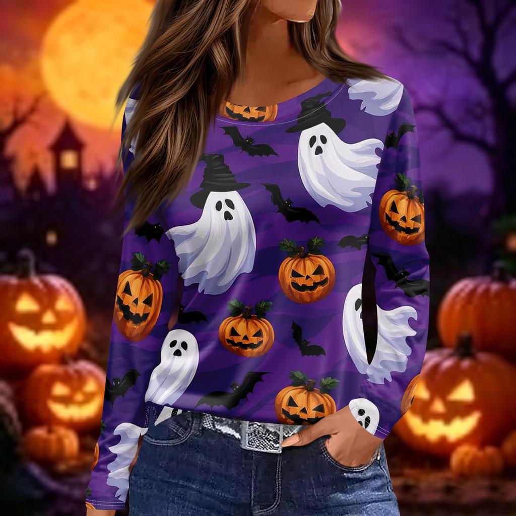 Women's Halloween Print Long Sleeve Round Neck Top with Hem Slits for Casual Fall Outings