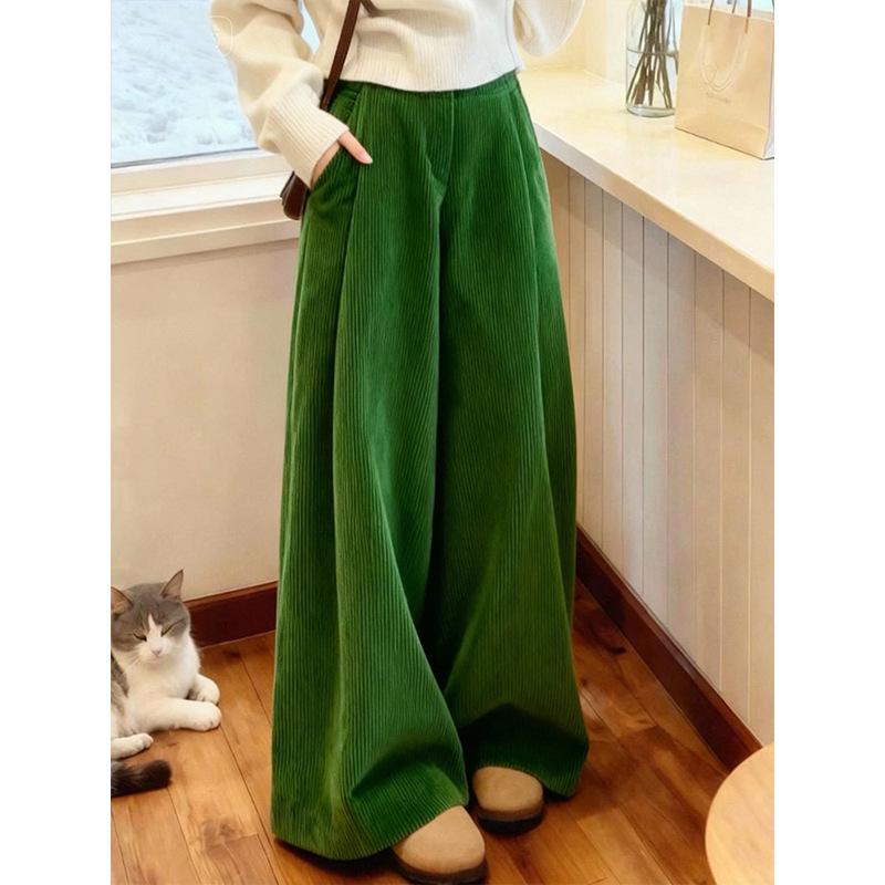 Women s 2025 Winter Green Corduroy Wide-Leg Pants - American Casual Retro Style S