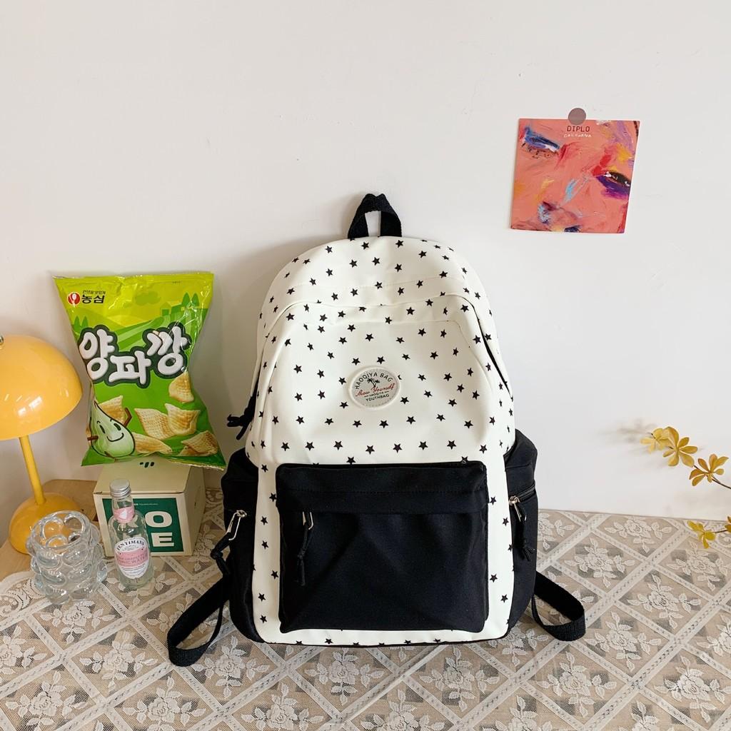 Trendy Lightweight Student Backpack With Polka Dot Print Color Blocking Design For School Use