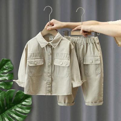 Boys' Spring/Fall Stylish Solid-Color Workwear Set Small-to-Medium Child Size Single-Button Long-Sleeve Shirt + Pants Two-Piece Set