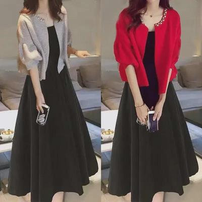 Costum din două piese pentru femei 2023 Plus Size: Jachetă cu margele și rochie subțire pentru primăvară/vară