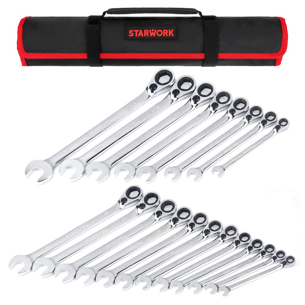 STARWORK TRUE Gear Ratchet Wrench Set with Storage Bag 20-Piece MECHANIC™ Dual-Purpose Non-Slip (SAE/Metric)
