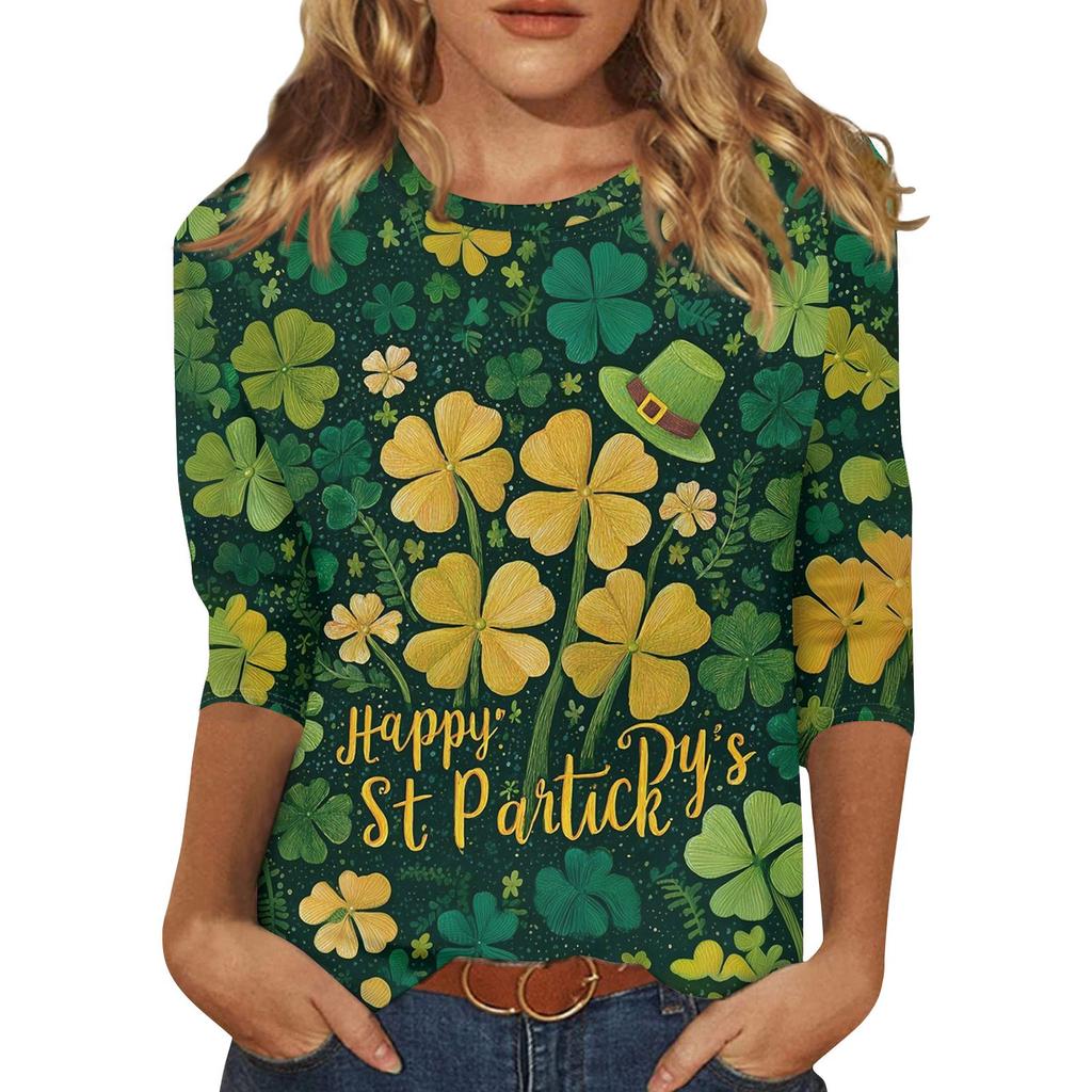 Dámské Módní Ležérní St. Tričko s potiskem na Den svatého Patrika, s kulatým výstřihem a tříčtvrtečním rukávem