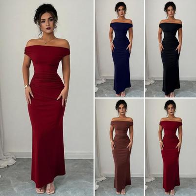Off The Shoulder Maxi Dress for Women Ruched Fishtail Sexy Bodycon Long Dress with Metal Accent Wedding Guest Party Evening Gown