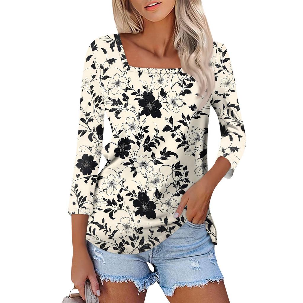 Shirt For Women's Fashion Casual Square Neck 3/4 Sleeve Loose Printed T-Shirt Ladies Top