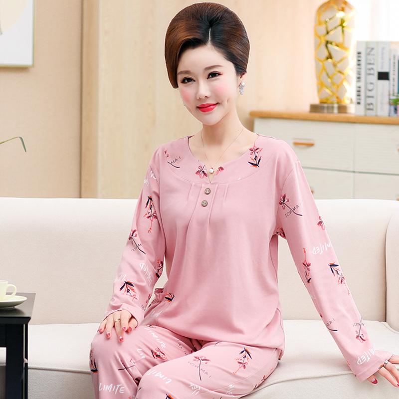 Spring Autumn Women's Pullover Pajamas Loose and Comfortable Middle-aged Cotton Long-sleeved Trousers Home Set
