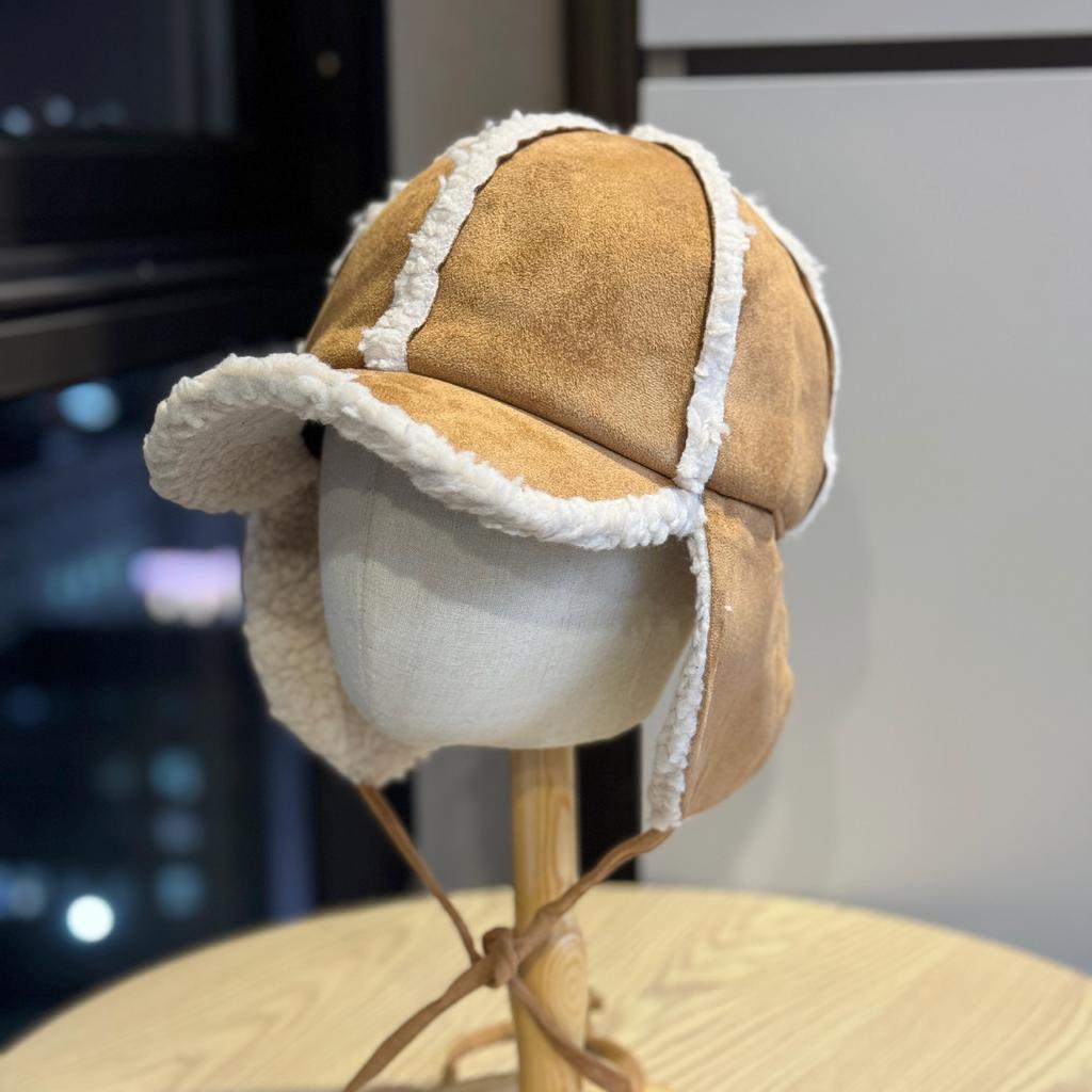 Sherpa Baseball Cap with Ear Flaps Korean Style Drawstring Suede Peak Trapper Inspired Winter Hat
