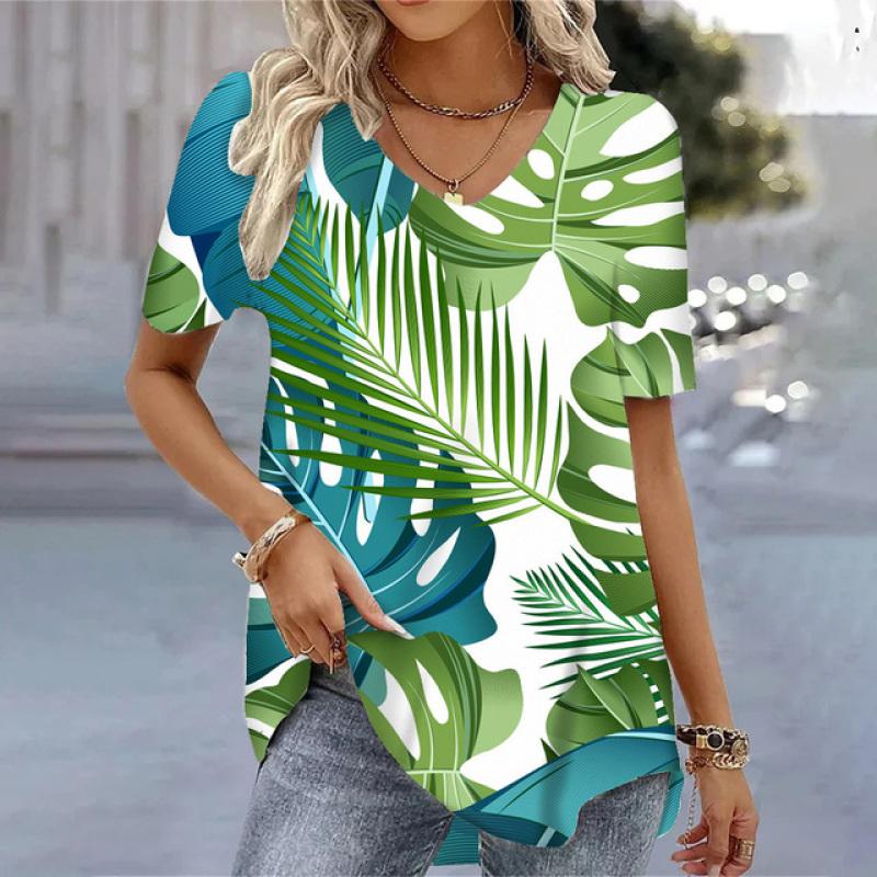 Fashion 3D Leaf Printed Summer Short Sleeve Tops Casual O-Neck Pullovers Women's Clothing Hot Sales Streetwear Blouses Big Sizes
