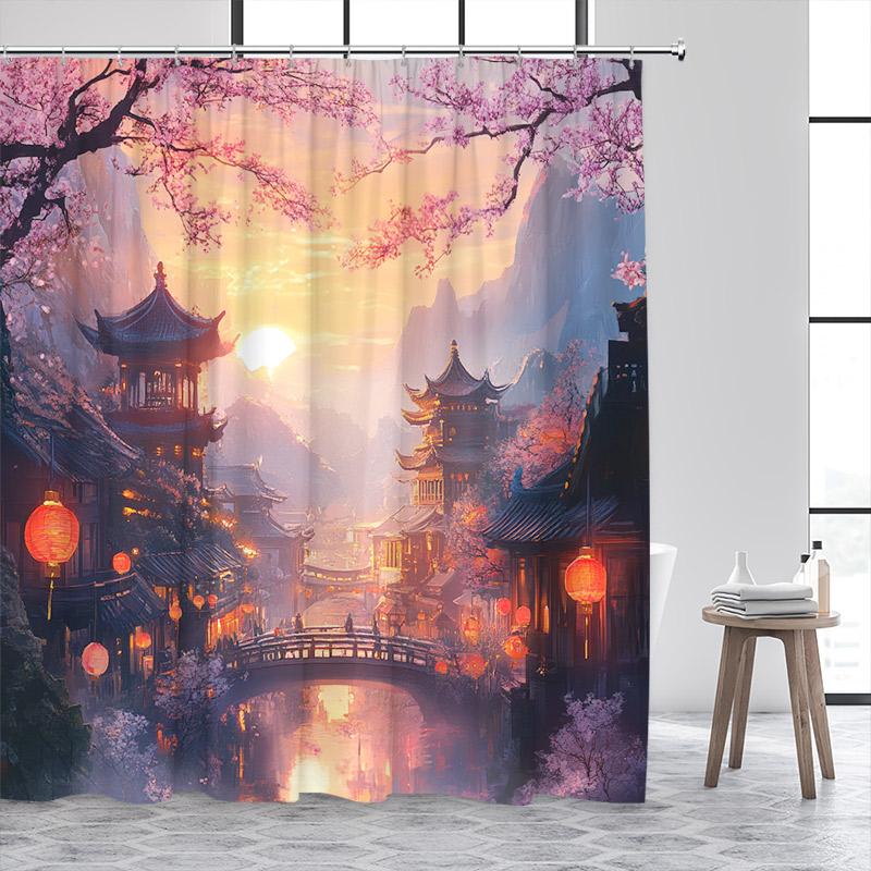 Japanese Style Shower Curtain Town Architecture Arch Bridge Pink Cherry Blossom Sunset Mountain Landscape Bathroom Curtain Decor