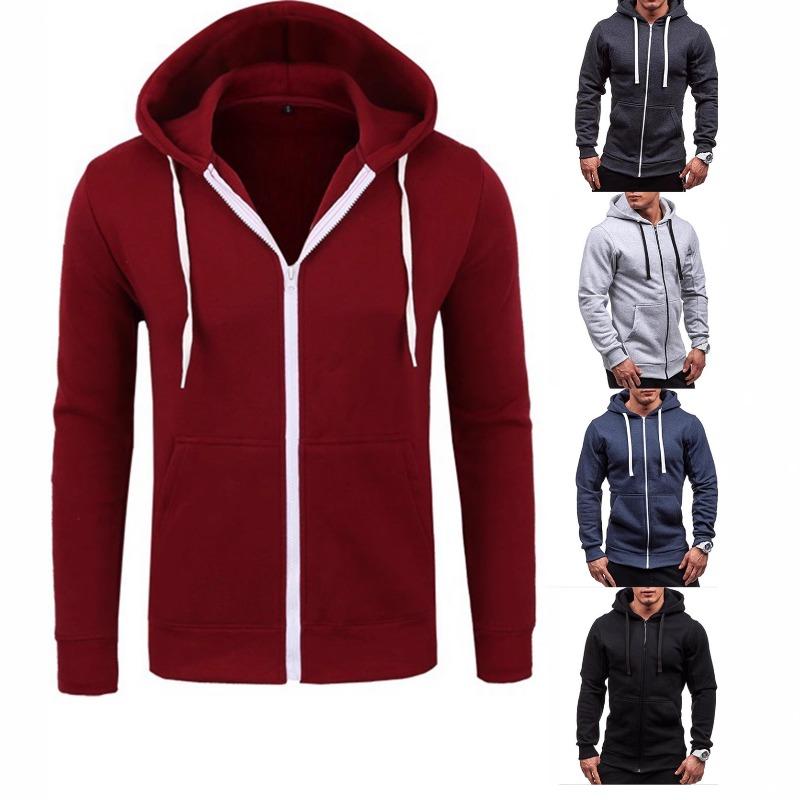 Men's Spring Casual Fashion Solid Color Sweater Men's Long-sleeved Sports Hooded Top Zipper Cardigan Sweater