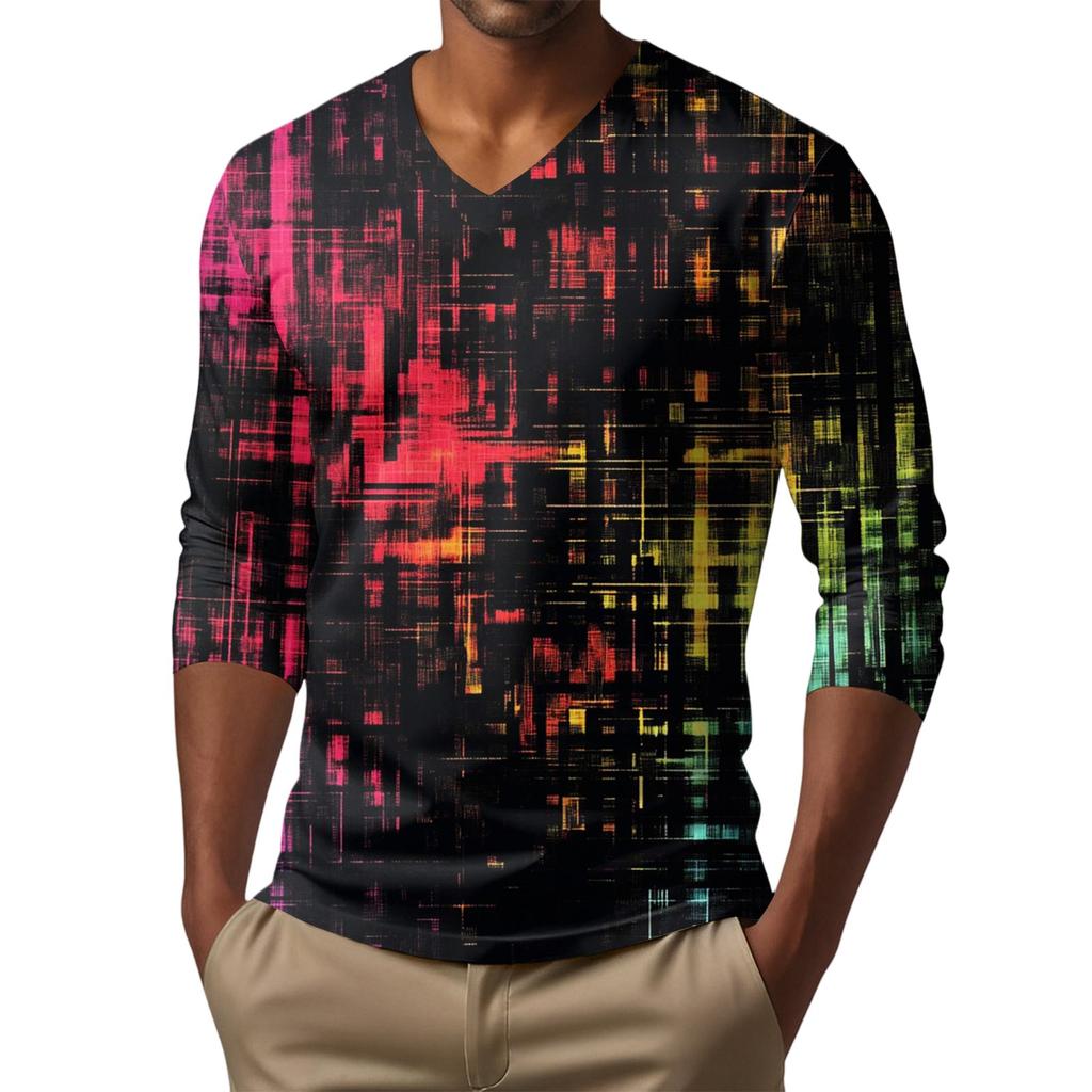 Ανδρικό T-shirt Τοπ με V λαιμόκοψη, casual μόδα, με τύπωμα, μακρυμάνικο