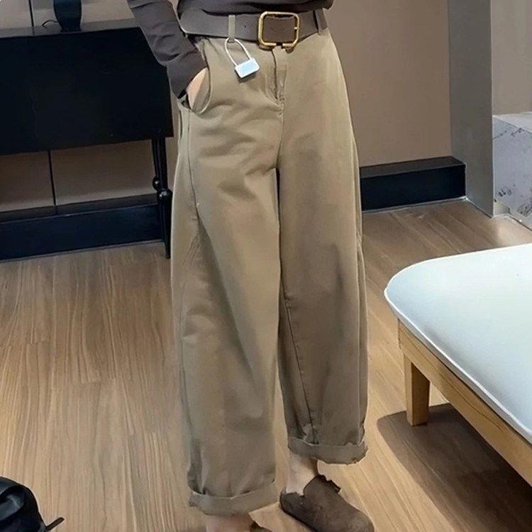 Jeans Retrô Coreano de Cintura Alta Khaki de Perna Larga para Mulheres 2026 - Estilo Calças Dad Soltas Emagrecedoras