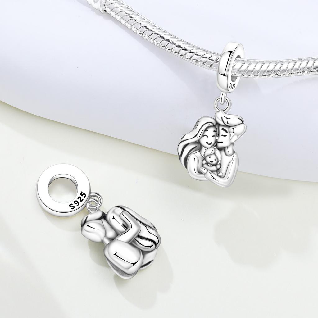 Orstarry S925 Silver Charm Loving Mom and Child Heart Bead Pendant For Bracelet DIY Jewelry Making Mother's Day Gift