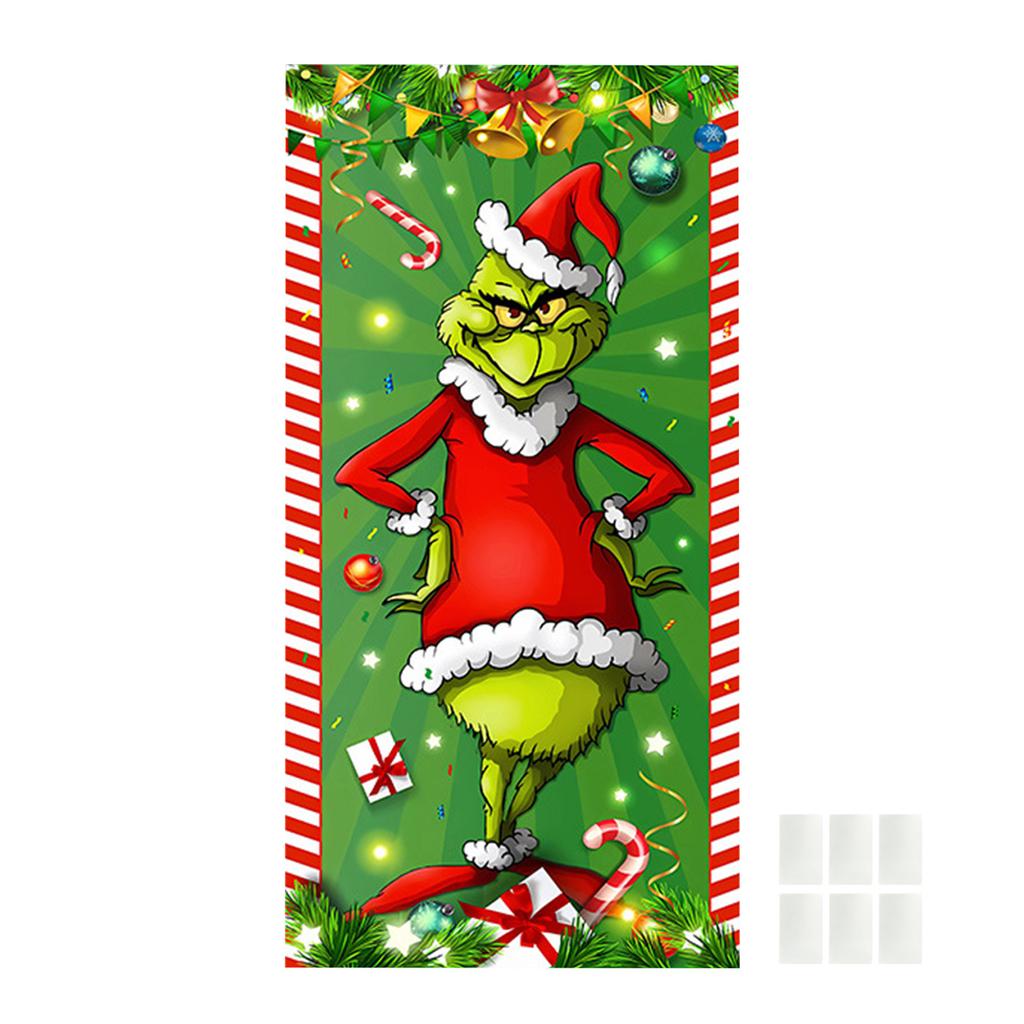 Christmas Door Cover Decoration, Green Holiday Tapestry for Front Door and New Year Party