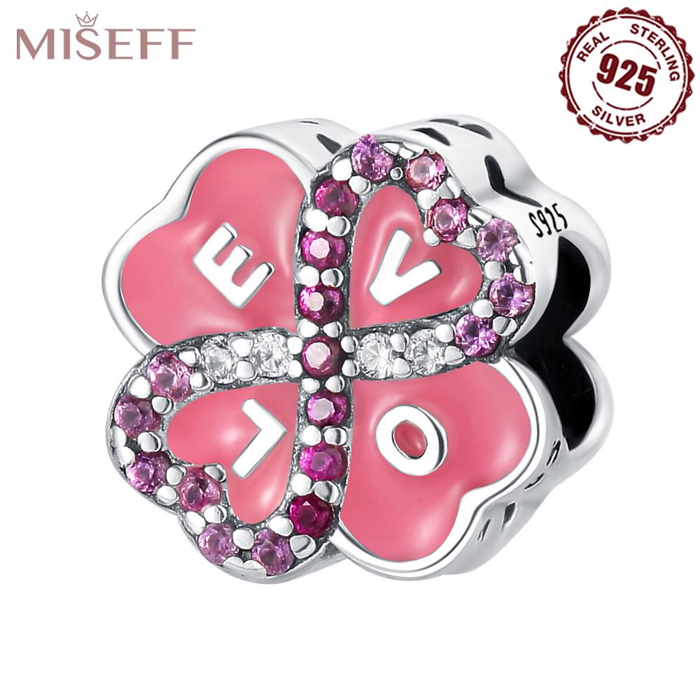 

925 Sterling Silver Pink Four-Leaf Clover Bead DIY Bracelet Pendant 925 Silver