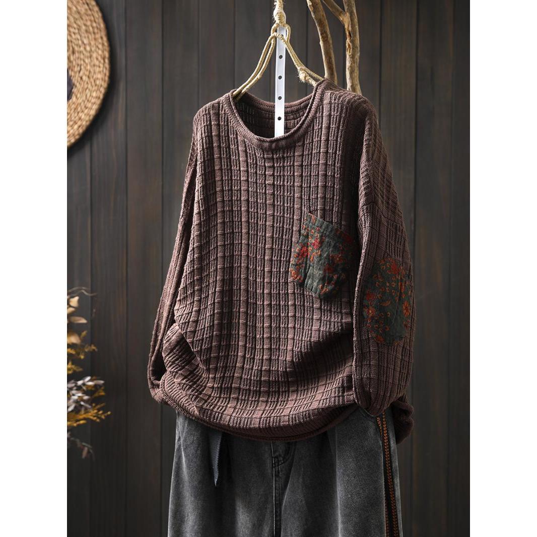 

Женский трикотажный свитер с заплатками, свободный, ленивый, большого размера, скрывающий недостатки фигуры, весенне-осенний, в стиле ретро, повседневный, с круглым вырезом, с длинными рукавами L кофейный