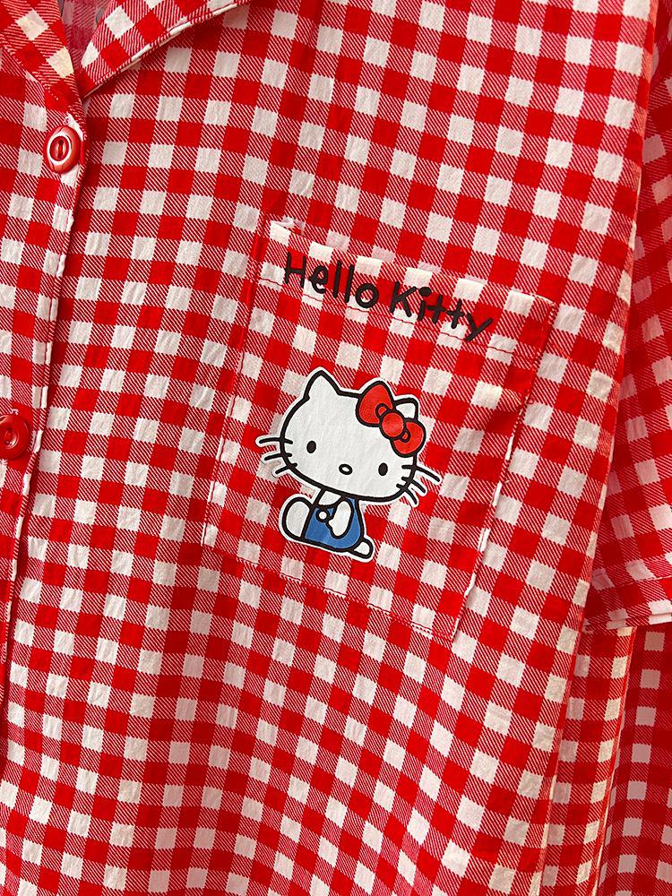 Women's Red Plaid Kitty Pajama Set - Short Sleeve & Shorts