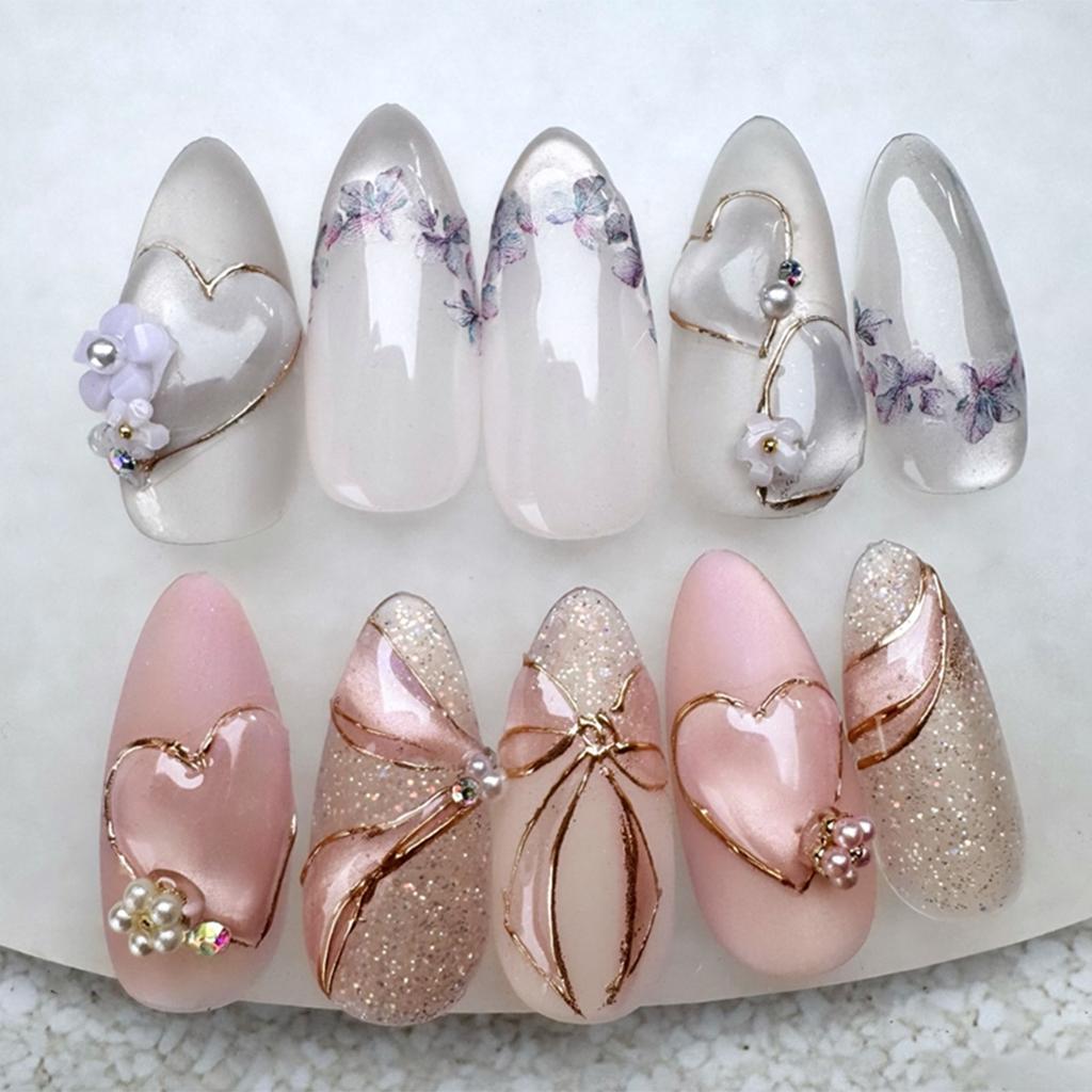 Sweet cat's eye flash diamond small flower bow hollow heart removable manicure 24 pieces