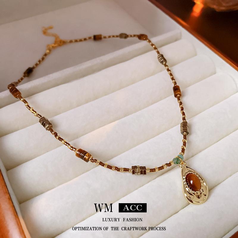 Bunte Steinperlen Edelstahl Anhänger Halskette - Vintage Ethnische Schlüsselbeinkette