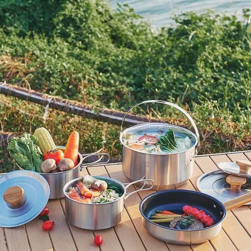 Gongziyu 4-Piece Stainless Steel Camping Cookware Set