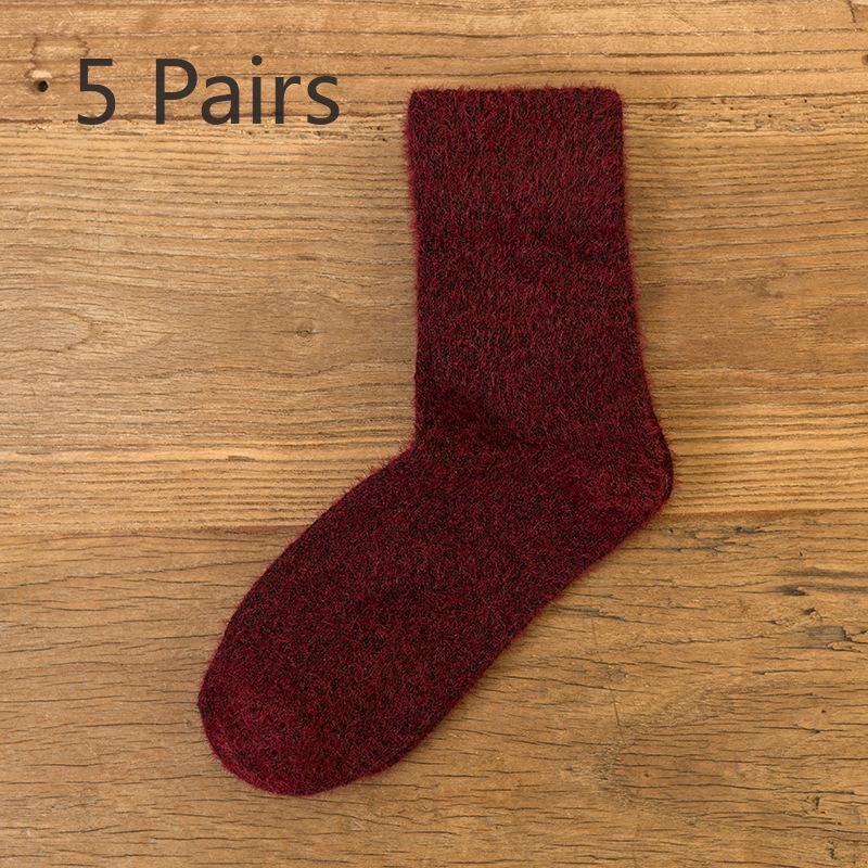 5 Pairs of Winter Female Solid Color Imitation Mink Wool and Thick Warm Rabbit Wool Tube Socks