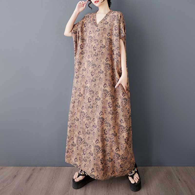 Large Size Floral Dress, Retro Long Robe for Ladies