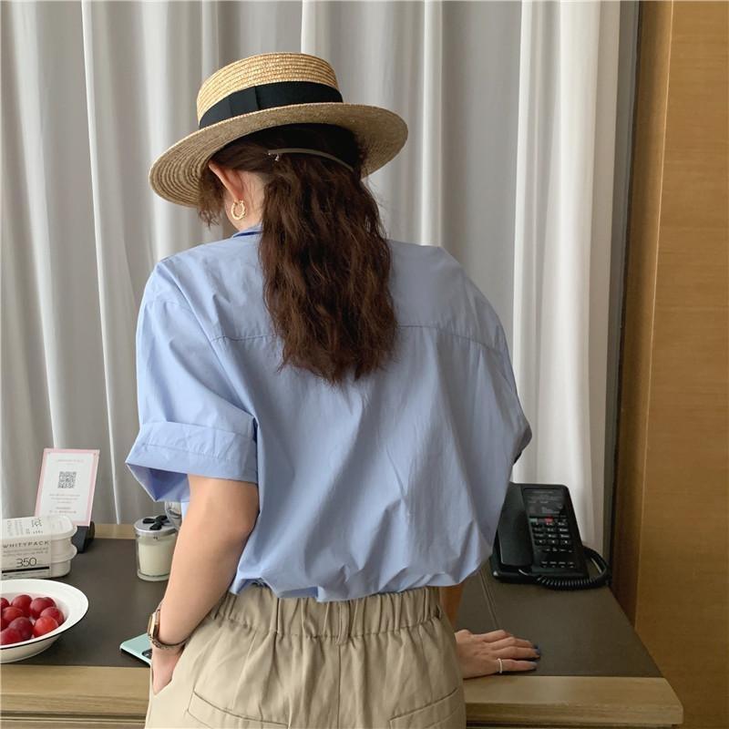 Cămașă de damă coreeană albastră lăptoasă, cu mânecă scurtă, largă, cu guler și design cu buzunar