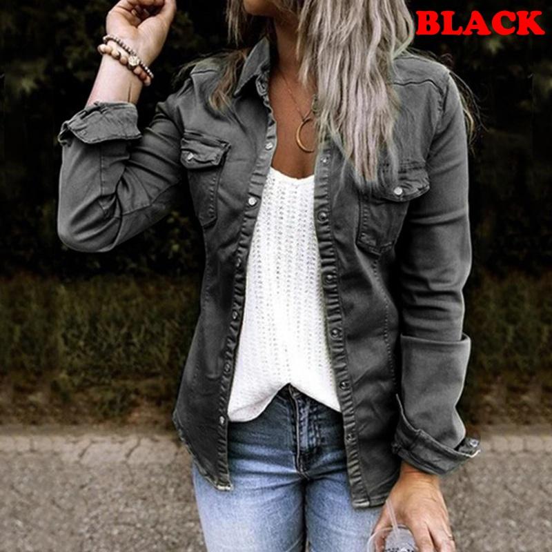 Autumn Women's Denim Jacket Slim Tooling Button Pocket Lapel Jacket Long Sleeve Jeans Jacket