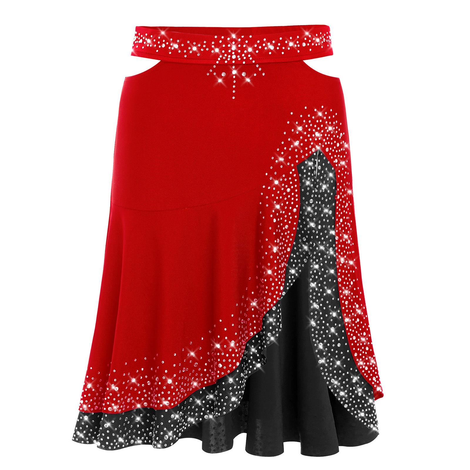 

Womens Jazz Latin Dance Skirt Shiny Rhinestones Color Contrast Sides Cut Ruffled Performance Skirt S