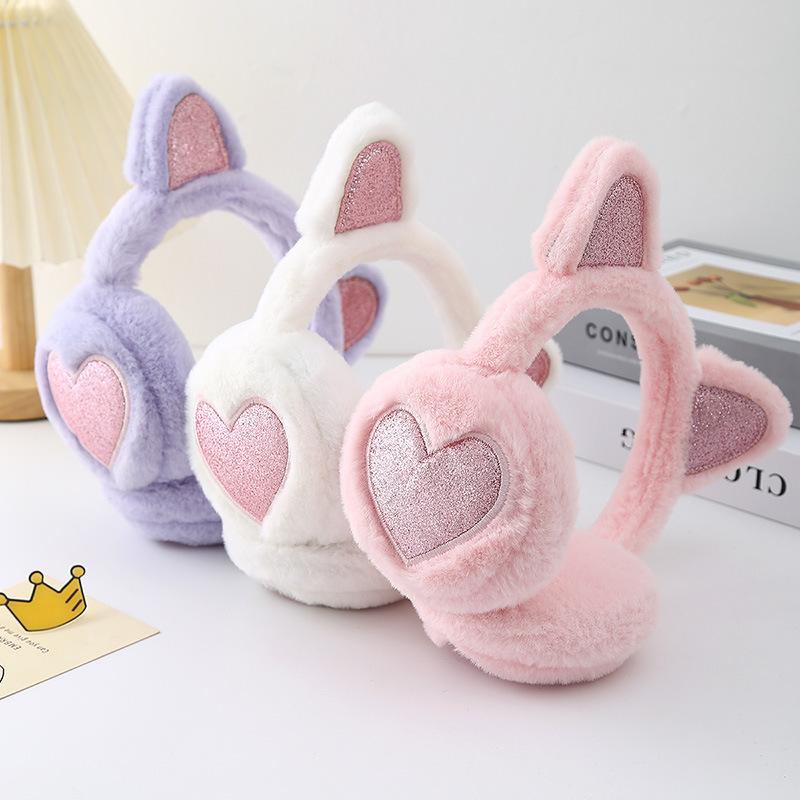 Plush Winter Warm Ear Earmuffs Glitter Cat Ear Warmers Heart Fur Hang Ear Cover For Women Girl Earflap Cold Protection Ear Muffs