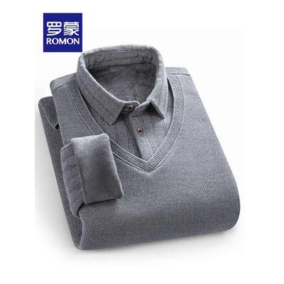 Men's Striped Fleece-Lined Faux Two-Piece Shirt Collar Knit Sweater