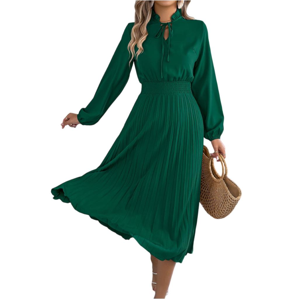 Women's Fashionable Casual Loose-Fit Tie-Waist Bell-Sleeve Pleated Dress