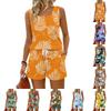 Women's Summer Casual Shorts Two-Piece Set, Hawaiian Print Vest, Square Neck Sleeveless Sports Shirt with Pockets