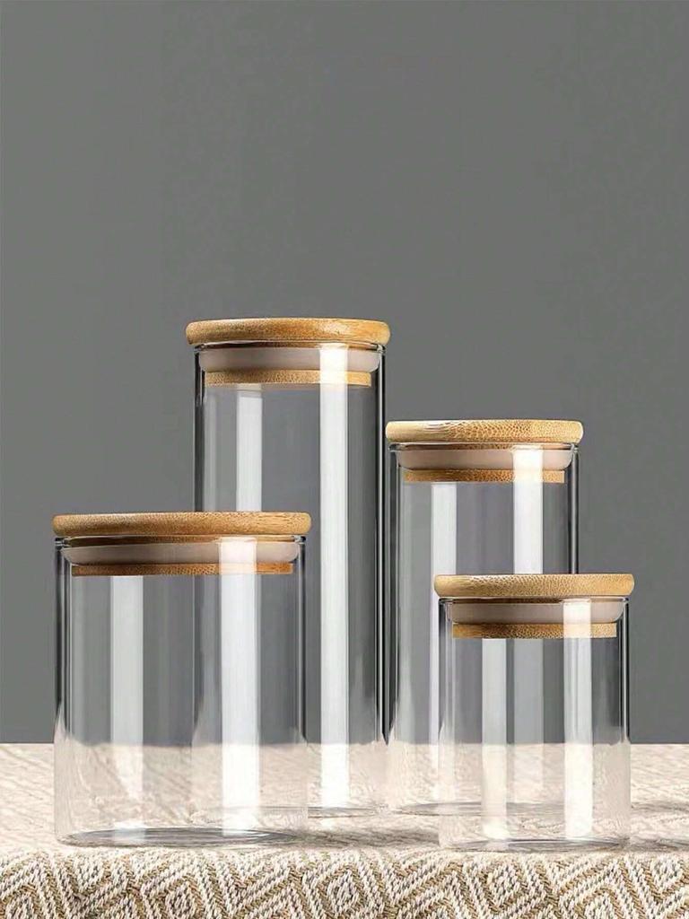 1PC Round Glass Storage Jars with Bamboo Lid for Coffee Beans Grains Noodles Food Storage Containers Kitchen Organizers Storage