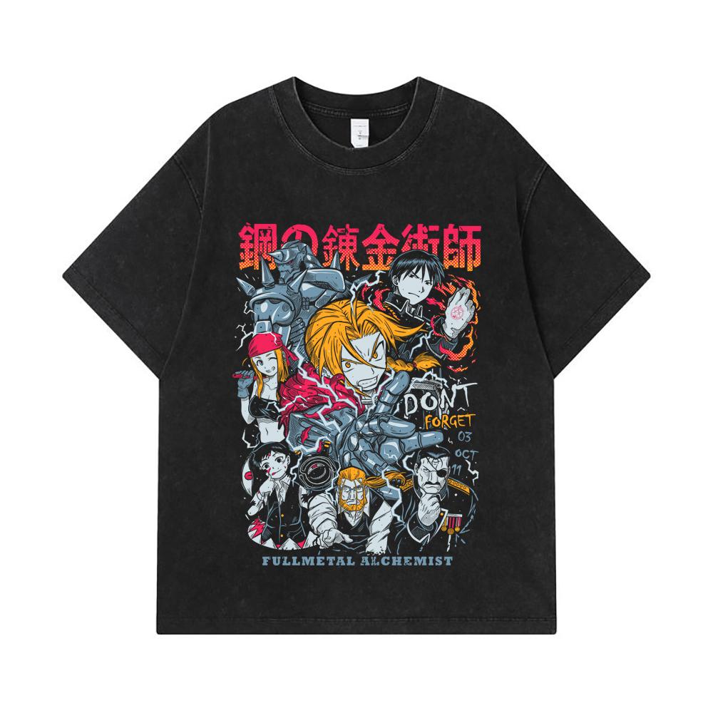 Camisetas Lavadas de 275 GSM 100% Algodón Fullmetal Alchemist V1 Estampado Unisex Camiseta Pesada de Algodón