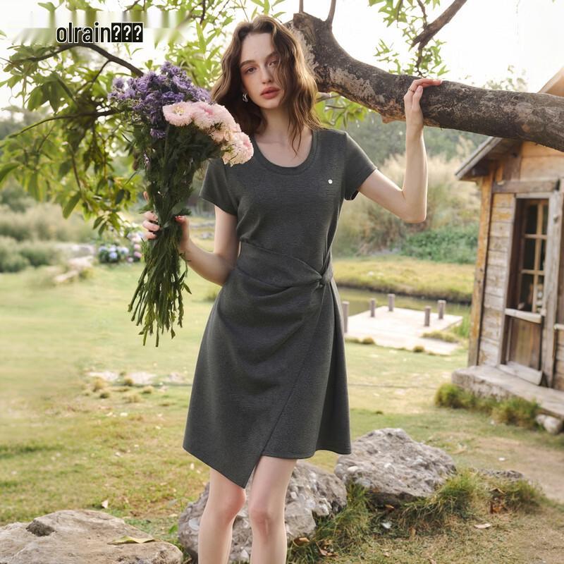 Women s Twist Knot Cinched Waist Round Neck Short Sleeve Dress S серый