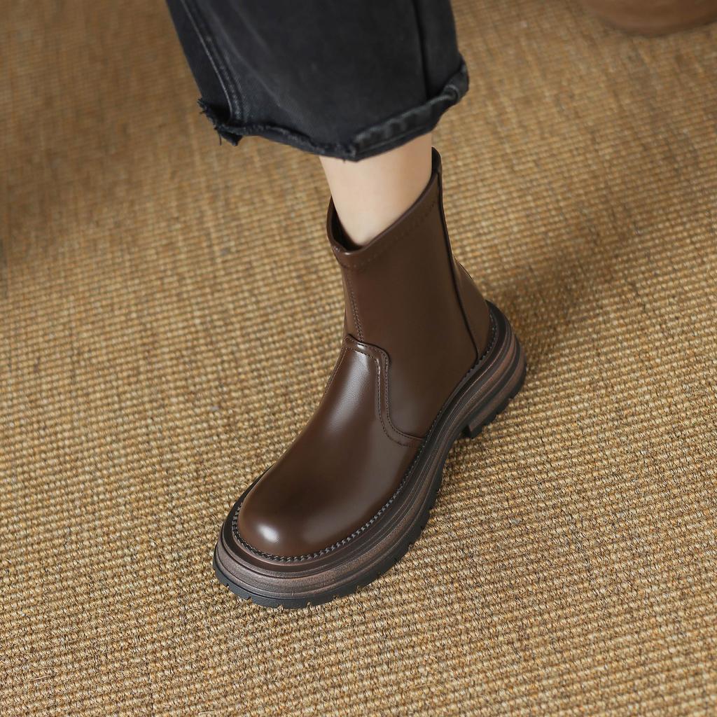 Krazing Pot Microfiber Autumn Winter Shoes Thick High Heels Zipper Platform Size 43 Motorcycle Boots Brown Color Ankle Boots
