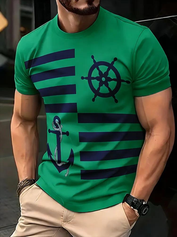 Nautical Anchor Rudder Striped Men's Crew Neck Short Sleeve T-Shirt, Navy Casual Top