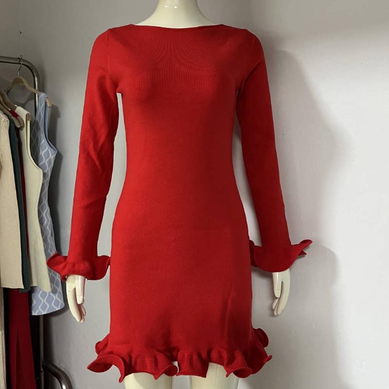 Knitted Mini Dress For Women Fungus Contrast Color Slim Sweater Dress Elegant Female Party Clothes Long Sleeve Spring New Dress