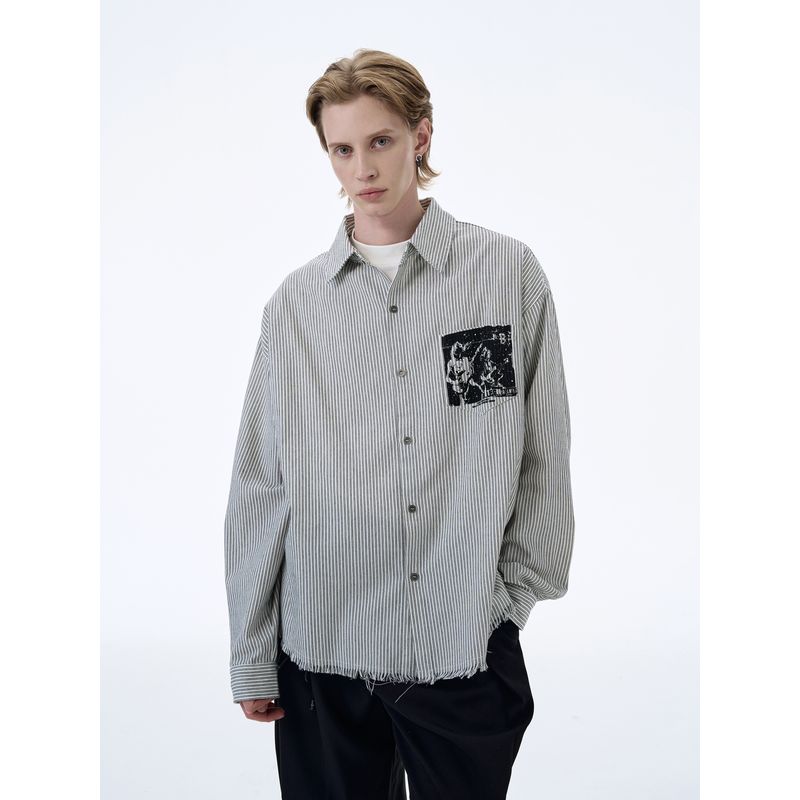 Kisko American Retro Stripesd Raw Edge Band Printed Long-Sleeved Shirt for Men and Women, High-End Silhouette Casual Shirt