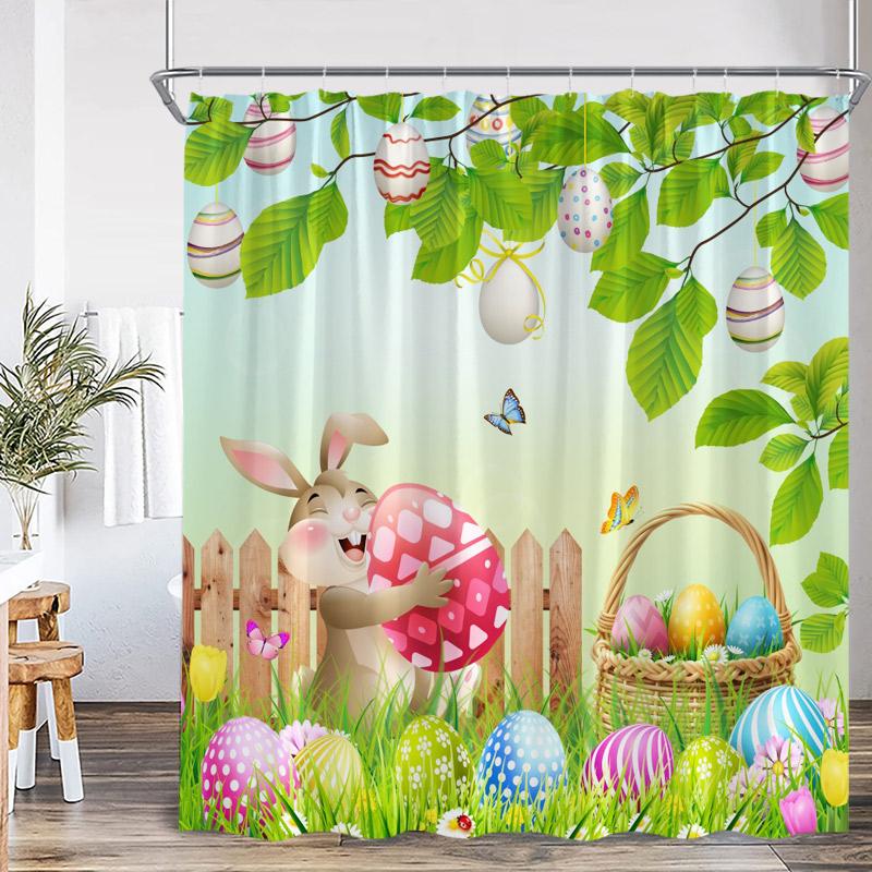 Shower Curtain, Easter Bunny Egg Waterproof Polyester Bathroom Curtain With Hooks, Spring Rabbit Dog Holiday Decor Bath Curtain