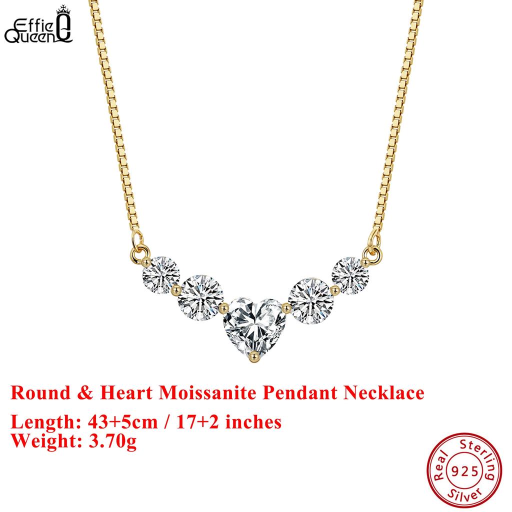 EFFIE QUEEN 925 Silver 14k Gold Round & Heart Cut Moissanite Pendant Necklace Romantic Jewelry for Women Valentine's Gift MON13
