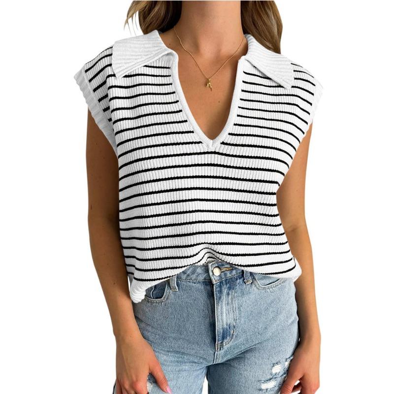 Women's Summer New V-neck Knit Casual Stripe Lapel Sweater Top