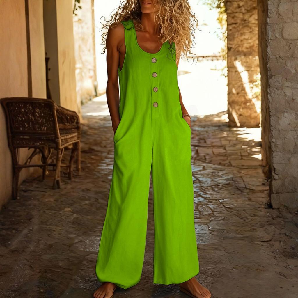 Casual Sleeveless Loose-fitting Jumpsuit With Pockets And Adjustable Straps For Women (long Length).