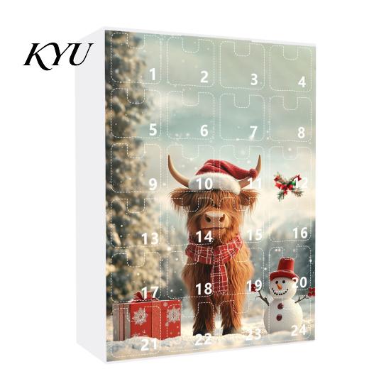 Holiday Countdown Box with Santa Hat Calves Christmas Advent Calendar, 24 Day Highland Cow Tree Decoration Ornaments Acrylic Pendants, Festive Hanging